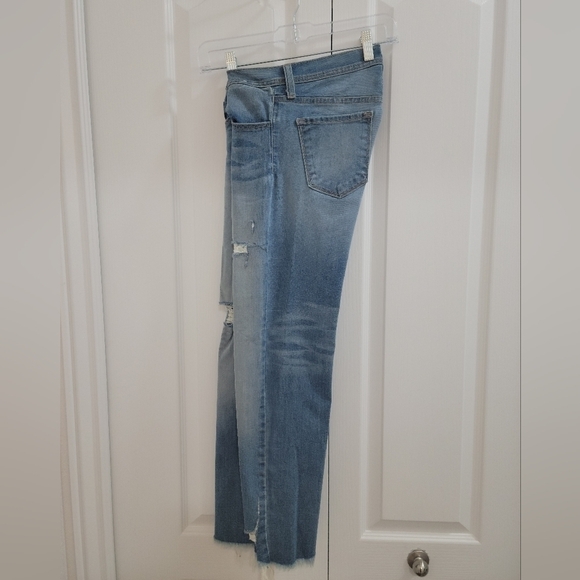 Flying Monkey Distressed Raw Hem Mid-Rise Light Medium Wash Straight Leg Jeans - Picture 4 of 11